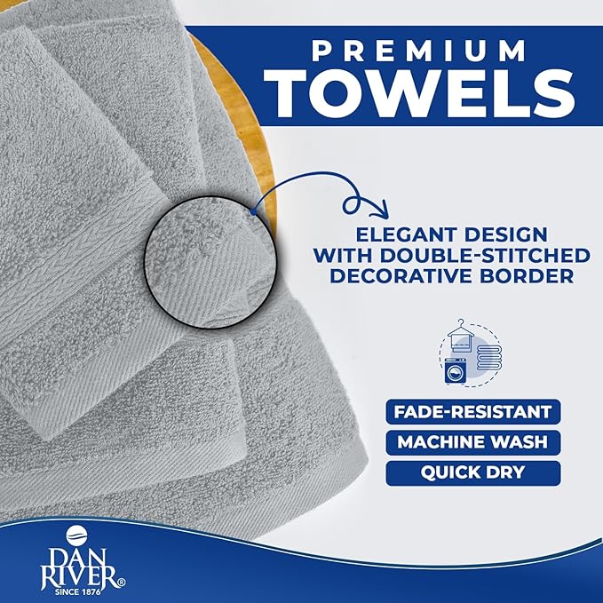 DAN RIVER 8 PC Luxury Bath Towels for Bathroom, 2 Bath, 2 Hand, and 4 Wash Cloths, 600 GSM 100% Ring Spun Cotton Towel Set, Highly Absorbent, Gym, Hotel, and Spa, Silver