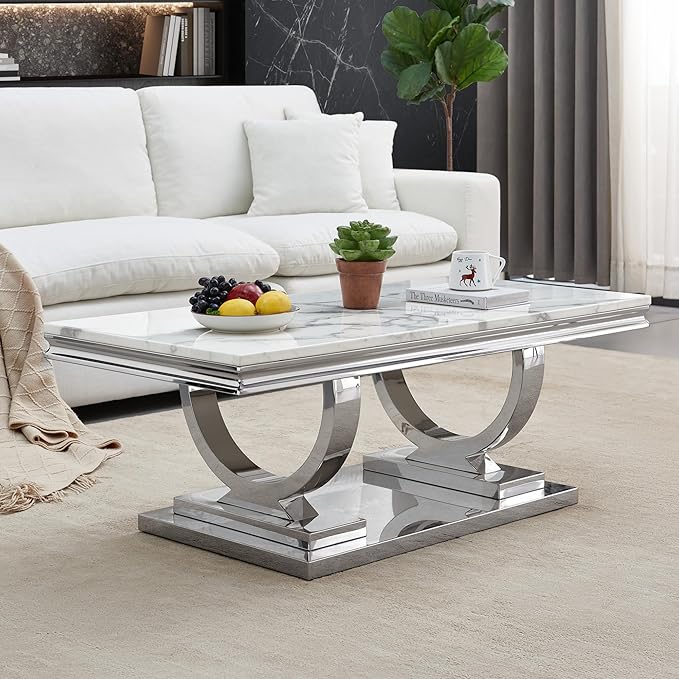 SSLine Rectangular Faux Marble Coffee Table for Living Room Modern Luxury White Marble Center Table with Silver Pedestal Base 46.8" Mid-Century Cocktail Table with Mirrored Stainless Steel Frame Legs