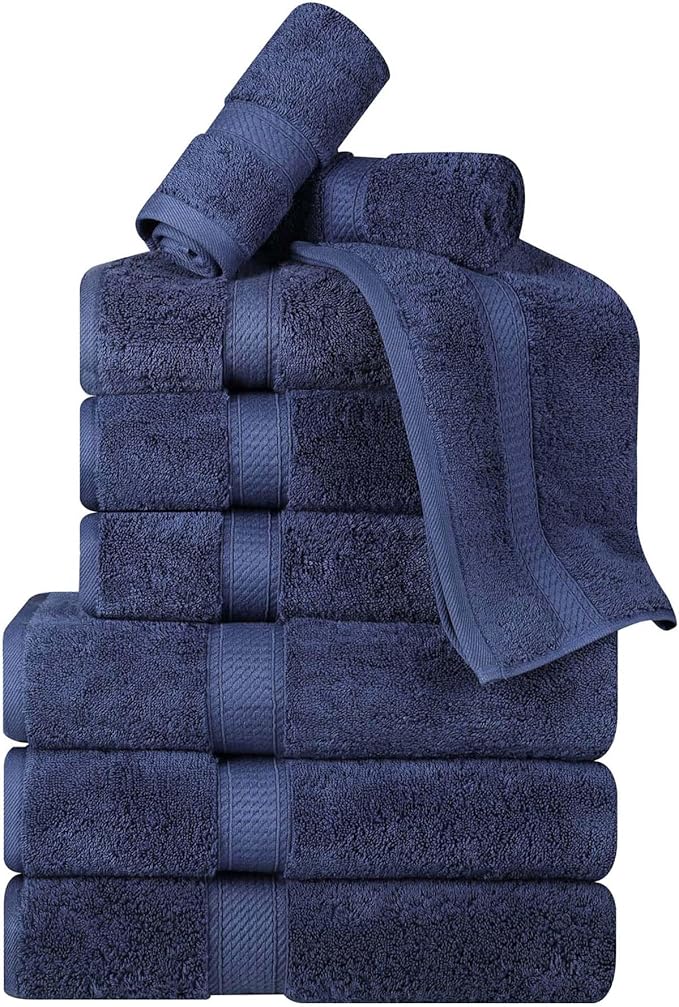 BNM Egyptian Cotton Heavyweight Towels, Ideal For Bathroom, Shower, Spa, Hotel, 800 GSM, Face/ Washcloths, Hand Towels, Bath Towels, Highly-Absorbent, Luxury Home Basics, 9 Piece Towel Set, Navy Blue