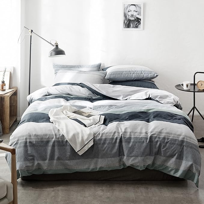 VM VOUGEMARKET Stripes Duvet Cover Set Twin,Blue Green Striped Duvet Cover with 2 Pillowcases for Teens,100% Cotton Modern Cozy Comforter Cover with Zipper Closure & Corner Ties 68"x90"(3pcs,Twin XL)