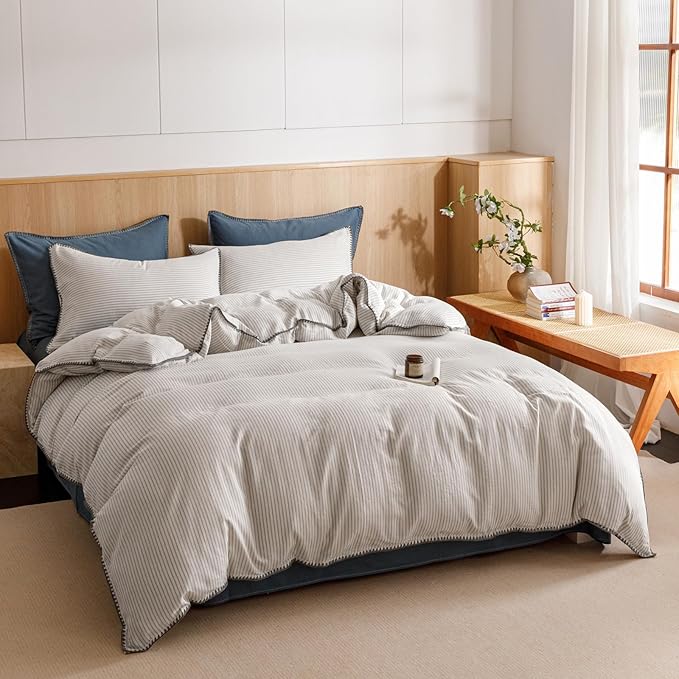 VM VOUGEMARKET Beige Grey Duvet Cover Set with Blue Stripes 3pcs Yarn Dyed Muslin Cotton Vertical Striped Ticking Pattern Bedding Set Without Comforter - Queen Size