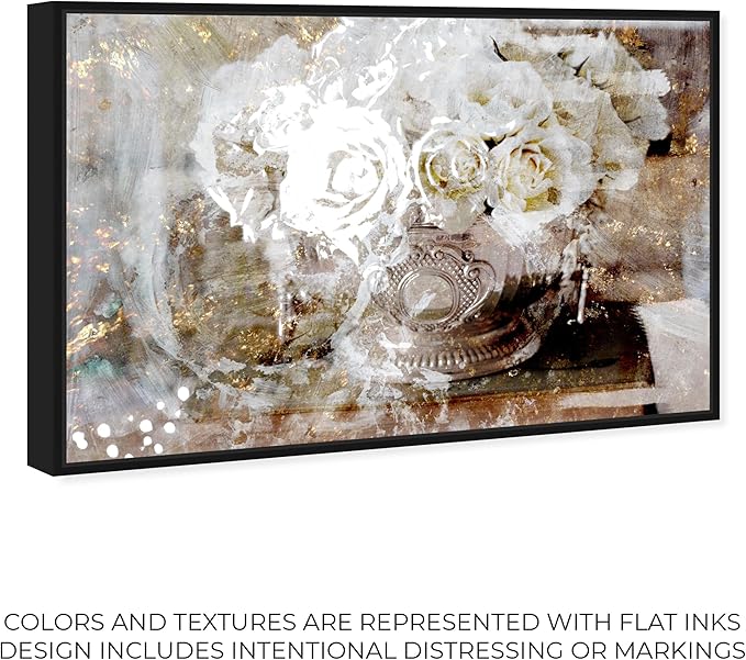 Floral and Botanical Framed Wall Art Canvas Prints 'Serving Roses' Florals, White/Gold, 45" x 30"