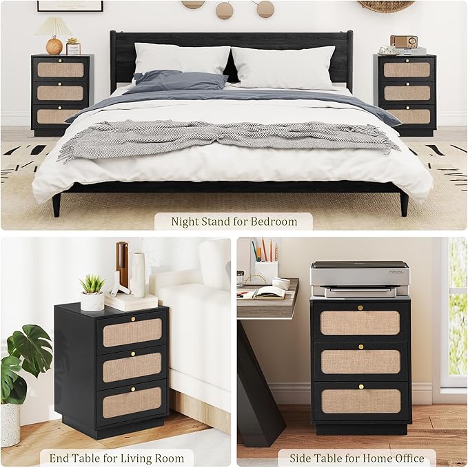 Nightstand with 3 Linen Drawers, Mid Century Modern Night Stand with Linen Drawers & Stable Legs, Wood Rustic Bedside Table End Table Side Table for Bedroom, Black