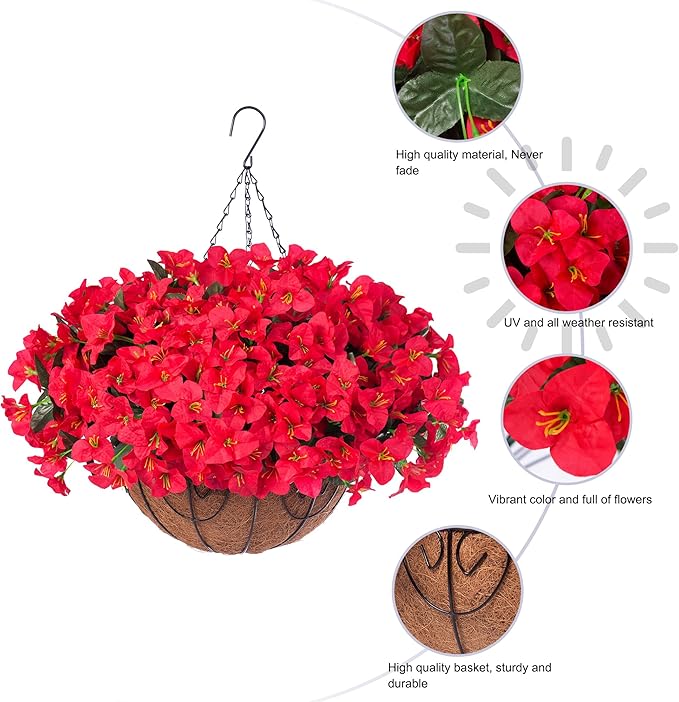Artificial Fake Hanging Flowers for Outdoors with Basket Faux Plants Silk Bougainvillea Flower in Planter Look Real UV Resistant Faux Flower for Outside Porch Patio Garden Yard Home Decor, Red