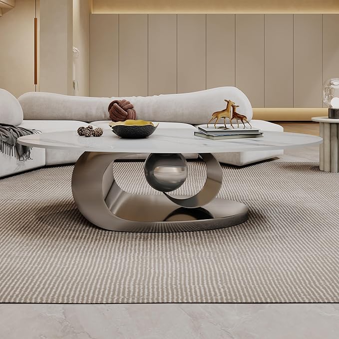 Modern Oval Sintered Stone Coffee Table, 49.2" White and Silver Rectangle Coffee Table with Faux Marble Top & Golden Geometric Stainless Steel Base, Rectangle Tea Center Table for Living Room
