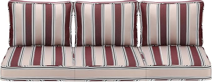 Outdoor Deep Seating Cushion Set, 24" x 24", Waterproof & Fade Resistant Patio Furniture Cushions with Handle, Deep Seat and Back Cushion for Chair and Sofa (3, Red Stripe)