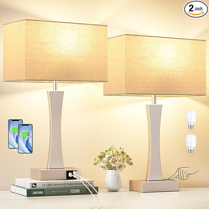 Bedside Lamps for Night Stands - 3 Way Dimmable Table Lamp for Bedroom with USB C+A Ports,Modern Bedside Lamps Set of 2, Touch Lamps for Nightstands(Mocha Gold)