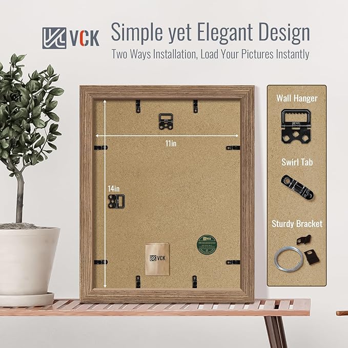 VCK 11x14 Picture Frame 5 Pack - Walnut, High-End Wood Poster Frames with Tempered Glass, Display 8x10 Photo with Mat or 11x14 without Mat, Art Gallery-Quality, Wall Hanging, Walnut