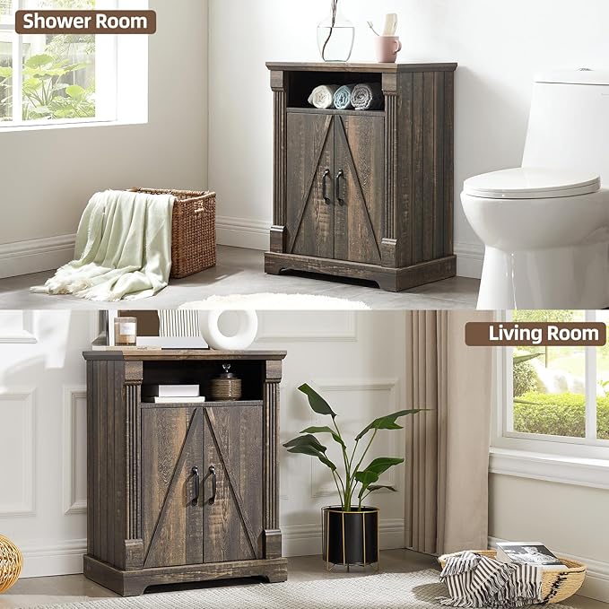 Farmhouse Bathroom Floor Cabinet, Freestanding Storage with Double Doors and Adjustable Shelves, Wooden Small Cabinet for Living Room, Bathroom, Dark Rustic Oak