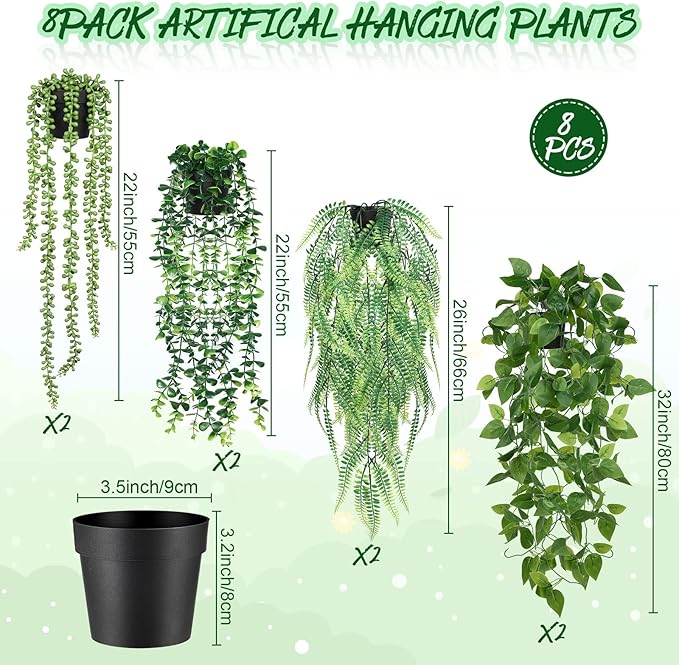 Jexine 8 Pcs Artificial Hanging Plants with Pot Fake Potted Plants Greenery Plastic Faux Eucalyptus Vine Wall Decor for Home Room Office Indoor Outdoor Shelf Patio Garden Decor