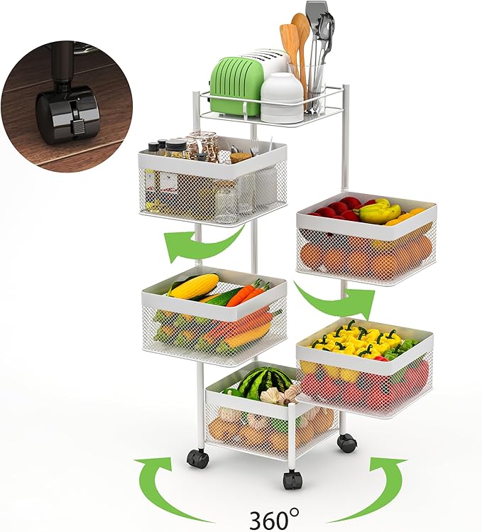 Fruit Basket for Kitchen No Assembly,Rotating Kitchen Storage Rack,Bathroom Shelf, Organizers and Storage Cart on Rolling Wheels，Potato and Onion Storage Organizer(White, 5 Tier-Square)