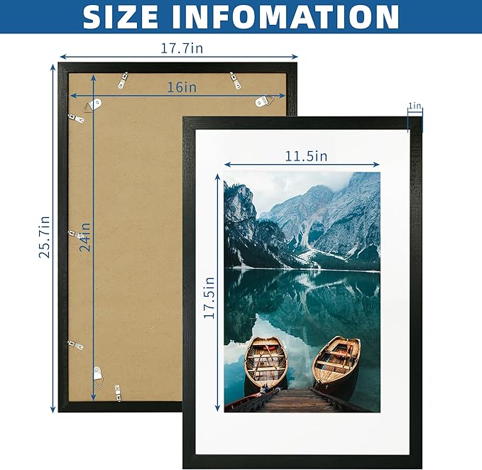 16x24 Frame Set of 2, Rustic Black Wood Style - Display 16 x 24 Picture without Mat or 12x18 Picture with Mat, Wall Mounting Horizontal and Vertical
