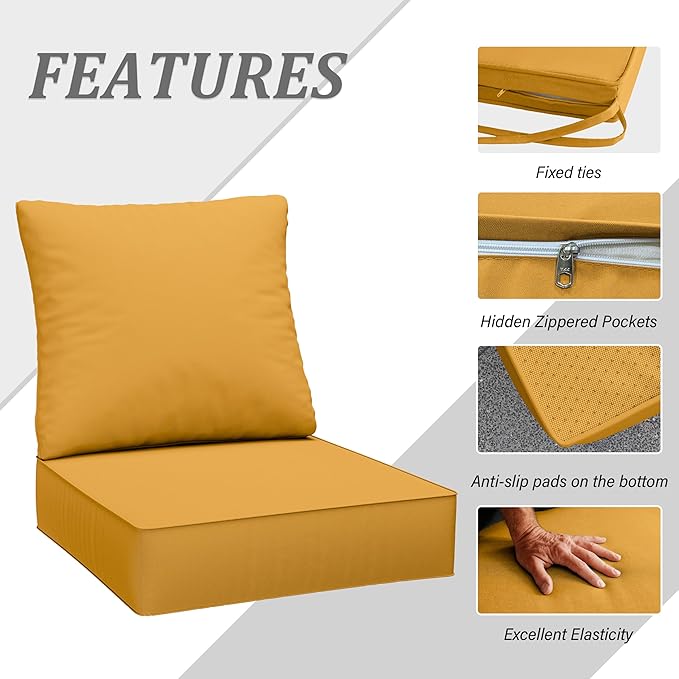 Outdoor Seat Cushion Set 24 x 24 x6.5 Inch Splash-Proof & Fade Resistant Patio Furniture Cushions with Removable Cover Deep Seat & Back Cushion with Straps for Chair Sofa Couch