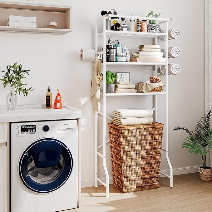 Over The Toilet Storage Metal 3 Tier Bathroom Organizer Shelf with Paper Holder Easy to Assemble & Space Saving (White)