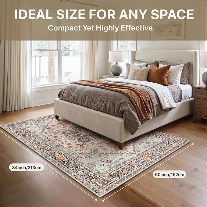 GENIMO 5X7 Area Rugs for Living Room, Machine Washable Vintage Floor Cover Foldable Modern Non Slip Rug, Low Pile Soft Indoor Carpet Floral Print Mat Rug,Bedroom/Dining Room/Home Office,Sky Blue
