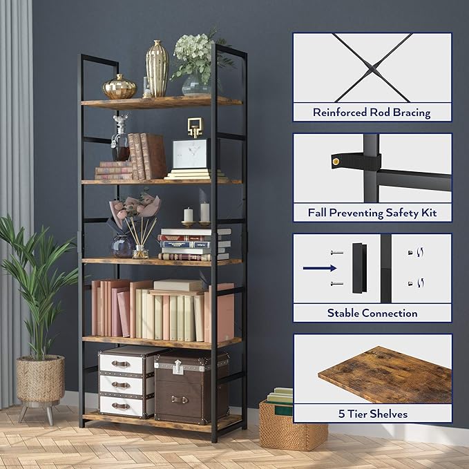 NUMENN 5 Tier Bookshelf, Set of 2 Tall Bookcase Shelf Storage Organizer, Modern Book Shelf for Bedroom, Living Room and Home Office, Vintage