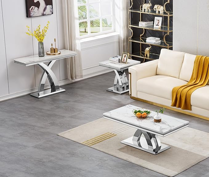 Modern Marble End Table, White and Silver Side Table with X Stainless Steel Base, Luxury Faux Marble Top Accent Bed Side Table Sofa Table for Living Room, Bedroom