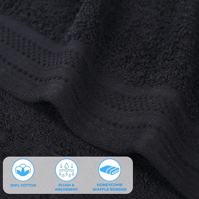 Superior Honeycomb Cotton Medium Weight Towels, for Guest Bath, Master Bathroom, Shower, Quick Dry, Adults, Home Essentials, Textured Waffle Border, Assorted Towel Set, 8 Piece Towel Set, Black