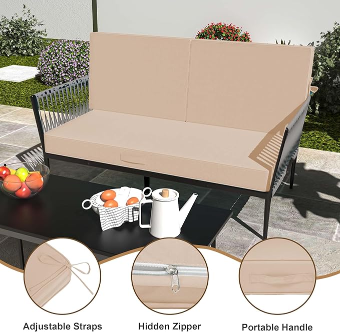 Outdoor Loveseat Cushion Set 46 x 26 Inch, Waterproof & Fade-Resistant Deep Seat Patio Cushions with Removable Cover, Ties & Hidden Zipper, Patio Love Seat Sofa Cushions for Sofa Bench Couch,Khaki