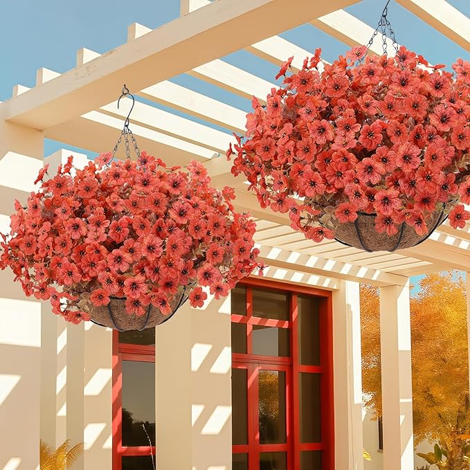 Geegoods 2 Set Artificial Hanging Basket Fall Flowers for Outdoor, Fake Faux UV Resistant Look Real Orange Mums Plants for Autumn Porch Patio Balcony Yard Home Decor