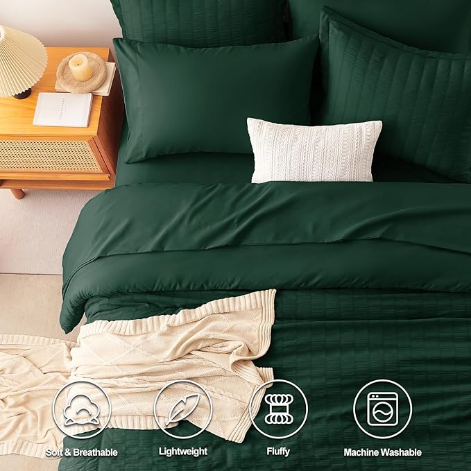 CozyLux Full Size Comforter Sets with Sheets Seersucker 7 Pieces Emerald Green Bed in a Bag Textured Luxury Soft Bedding Set with Down Alternative Comforter, Sheets, Pillowcases & Shams for All Season