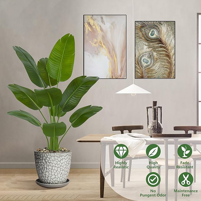 Artificial Bird of Paradise Plant 5FT Fake Palm Tree Feaux Plants in White Pot Artificial Tree Fake Plant for Indoor Outdoor Modern Decoration for Home Living Room Office