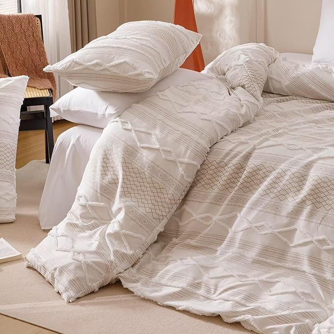 Luxlovery Boho Farmhouse Comforter Set Cal King Teens Kids White Jacquard Bedding Set Bohemian Country Blanket Quilts Durable Soft Breathable 3PCS Comforter Set California King Bed