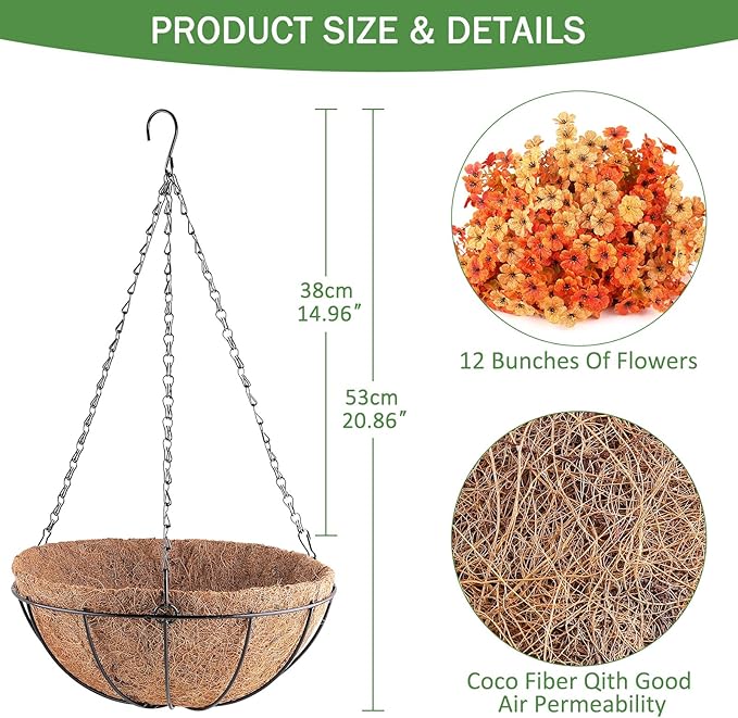 Artificial Fall Flowers Hanging Plants in Basket, Artificial Hanging Flowers for Autumn Outdoor Indoor Decor, UV Resistant Hanging Baskets with Fake Flowers for Fall Patio Garden Porch Deck Decoration