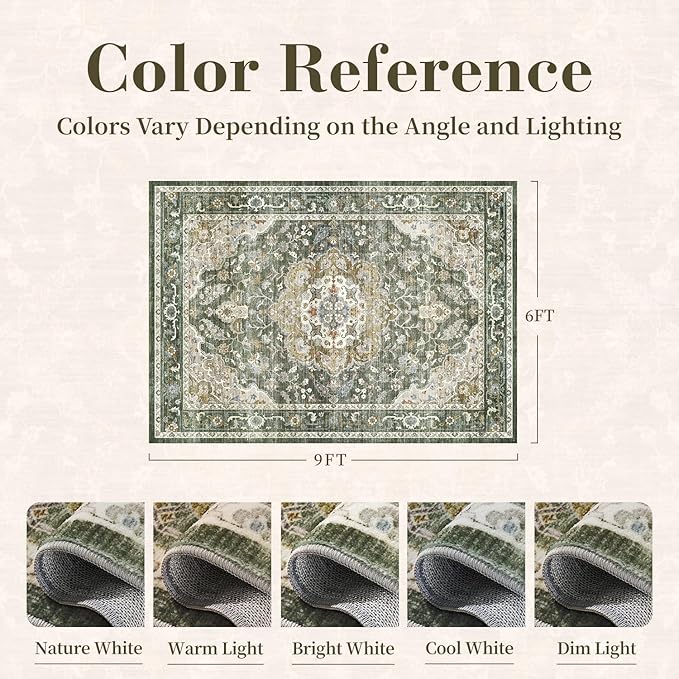 PADOOR-Vintage Area Rug 6X9 Rugs for Living Room-Soft Olive Green Rugs for Bedroom-Machine Washable Rugs Non Slip Carpet-Rug for Dining Room Living Room Bedside Office