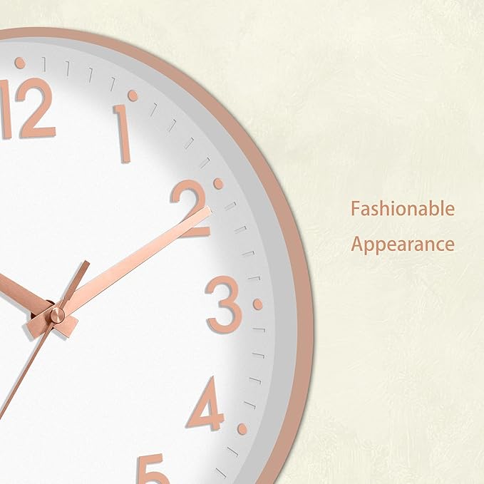 Mosewa Wall Clock 10 Inch, Battery Operated Silent Non-Ticking Modern Analog Clock Decorative for Kitchen, Bedroom, Office, Living Room(Rose Gold)