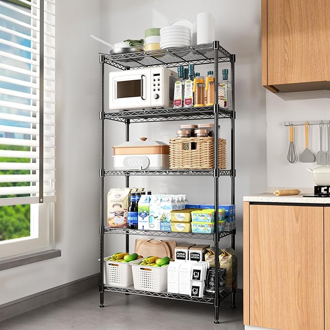 72" H Storage Shelves 5 Tier Wire Shelving with Shelf Liners, Adjustable Metal Garage Shelving, 1325LBS Heavy Duty Commercial Storage Rack for Pantry Kitchen, 35" W x 16" D x 72" H, Black