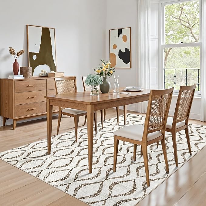 WITSHOCK Area Rugs for Living Room 5x7: Washable Non-Slip Soft Geometric Large Indoor Rug for Bedroom Dining Room, Low Pile Boho Pattern Carpet for Nursery Playroom Decor, Kid & Pet Friendly, Brown