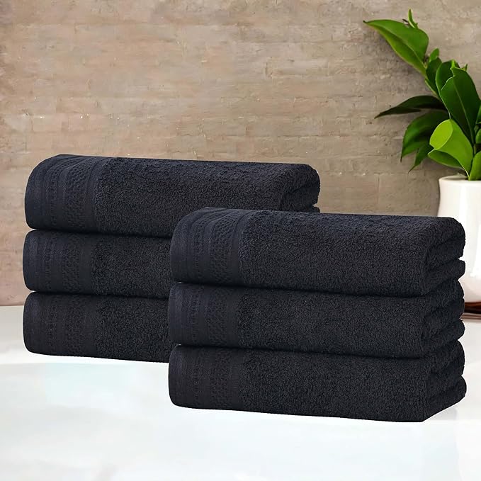 Superior Honeycomb Cotton Medium Weight Towels, for Guest Bath, Master Bathroom, Shower, Kitchen, Quick Dry, Adults, Home Essentials, Textured Waffle Border, Towel Set, Hand Towels, Set of 6, Black