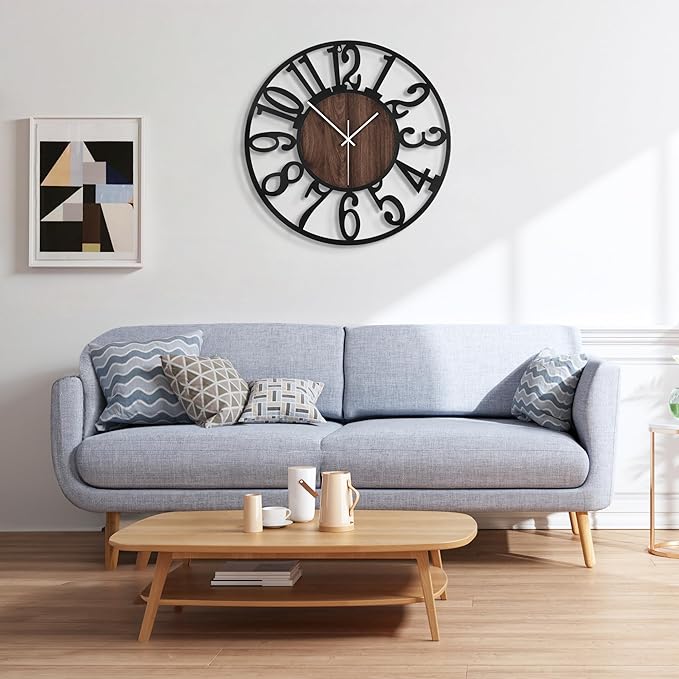 Large Wall Clock for Living Room Decor, 24 Inch Non Ticking Silent, Battery Operated Modern Vintage Oversized Wall Clock for Bedroom Kitchen
