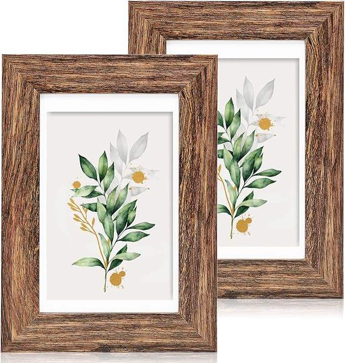 5x7 Picture Frame Set of 2, Made of Real Glass and Rustic Brown Wooden Frame - Display Pictures 4x6 with Mat or 5x7 Without Mat, 5 by 7 Photo Frame for Wall or Tabletop Display