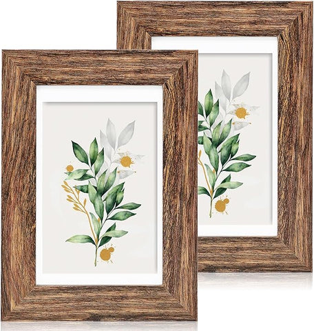 5x7 Picture Frame Set of 2, Made of Real Glass and Rustic Brown Wooden Frame - Display Pictures 4x6 with Mat or 5x7 Without Mat, 5 by 7 Photo Frame for Wall or Tabletop Display