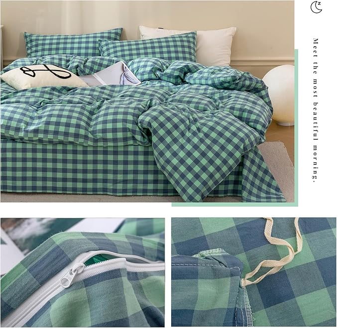 VM VOUGEMARKET Green Plaid Bedding Set Queen 3 Pieces Denim Blue Checkered Duvet Cover with Zipper Ties 2 Pillowcases 100% Washed Cotton Luxury Soft Breathable Durable