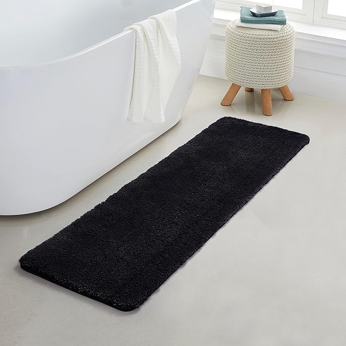 YHF Bathroom Runner Rugs 17" X 59", Extra Thick & Soft Microfiber Shaggy, Machine Washable Bath Mats, Absorbent Bath Rugs, Non-Slip Rubber Backing Bath Mat for Bathroom Floor, Tub and Shower, Black