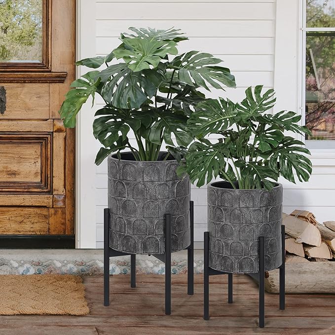 Oakrain Planters for Indoor Plants, Set of 2 Modern Planter with Stand, Decorative Metal Planter Pots for Living Room, Office, Garden, Balcony, 8"&10", Paint Black