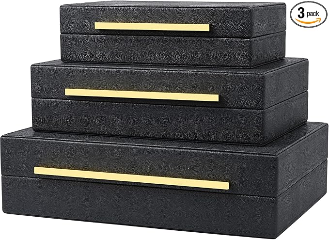 Black Shagreen Box Faux Leather Set Of 3 Pcs Storage Decorative Boxes,Modern Stacking Decorative Boxes with Lids For Home Decor Coffee Table Top Storage Jewelry Box Organizer