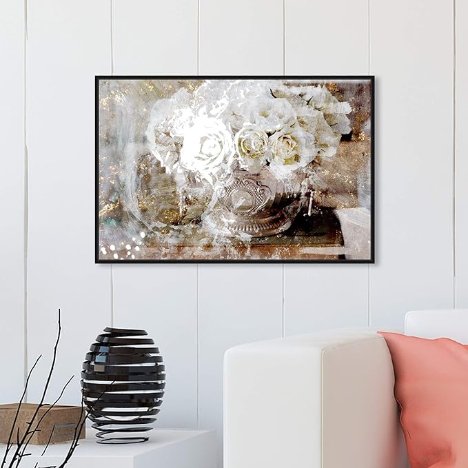 Floral and Botanical Framed Wall Art Canvas Prints 'Serving Roses' Florals, White, Gold, 30" x 20"