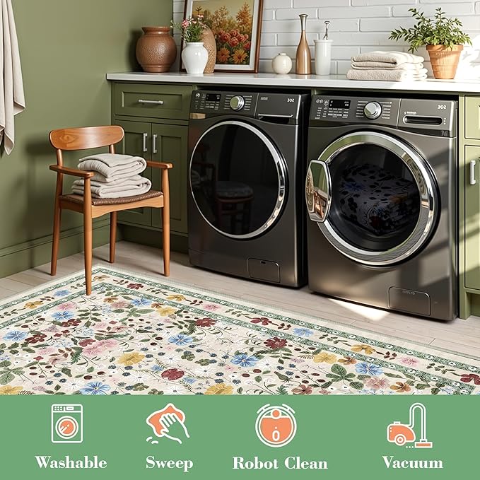 Deerly Large Floral Washable Area Rugs 9x12 for Living Room Vintage Boho Non-Slip Bedroom Carpet Soft Low Pile Thin Floor Mat Indoor for Dining Room Playroom Nursery Farmhouse, Beige/Green/Multi