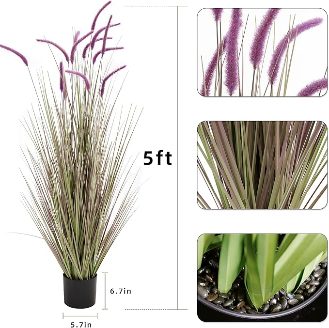 KOL Artificial 5ft Purple Horsetail Reed Grass, 59in Tall Artificial Indoor Outdoor Fake Grass Plant, Home Office Decorative Artificial Plants & Flowers in Pot Faux Plant Greenery, Wedding Decor