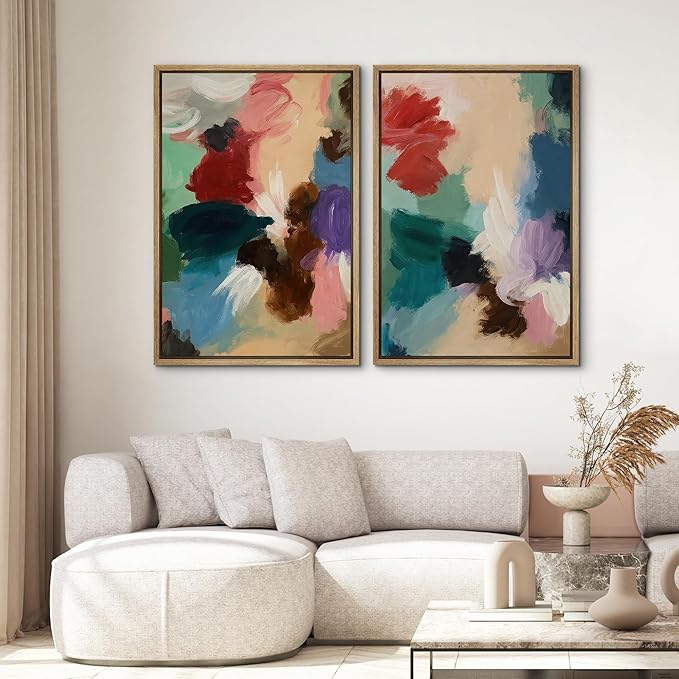 SIGNWIN Framed Wall Art Print Set Colorful Abstract Brushstroke Vibrant Illustrations Modern Art Rustic Relax/Calm Multicolor for Living Room, Bedroom, Office - 24"x36"x2 NATURAL