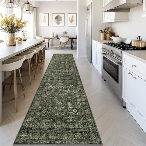 Morebes Vintage 2x10 Runner Rug for Hallway Non Slip,Washable Kitchen Runner Rug for Entryway Indoor,Super Soft Faux Wool Rug for Farmhouse Dining Room Indoor Playroom, Dark Green