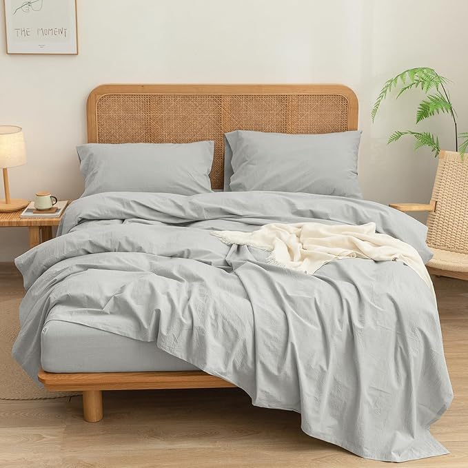 BESTOUCH Sheet Set 100% Washed Cotton Linen Feel Super Soft Comfortable Chic Lightweight 3 Pcs Home Bedding Set Solid Northern Droplet Grey Twin