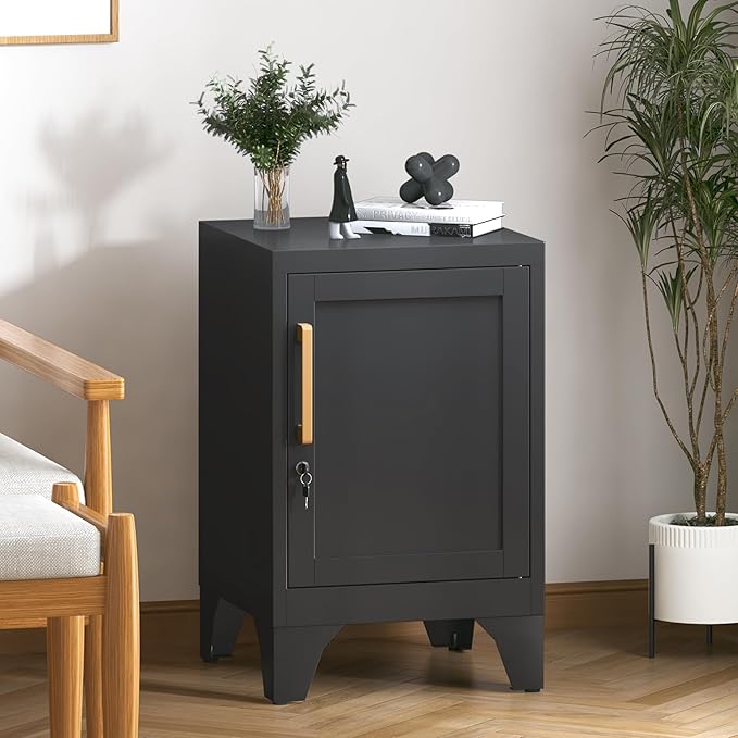 23.6" H Black Metal NightStand Locker End Table with 1 Doors,Steel Bedside Storage Cabinet with Removable Shelf,Side Table with Adjustable Leveling Foot for Home Office Living Room or Bed Room