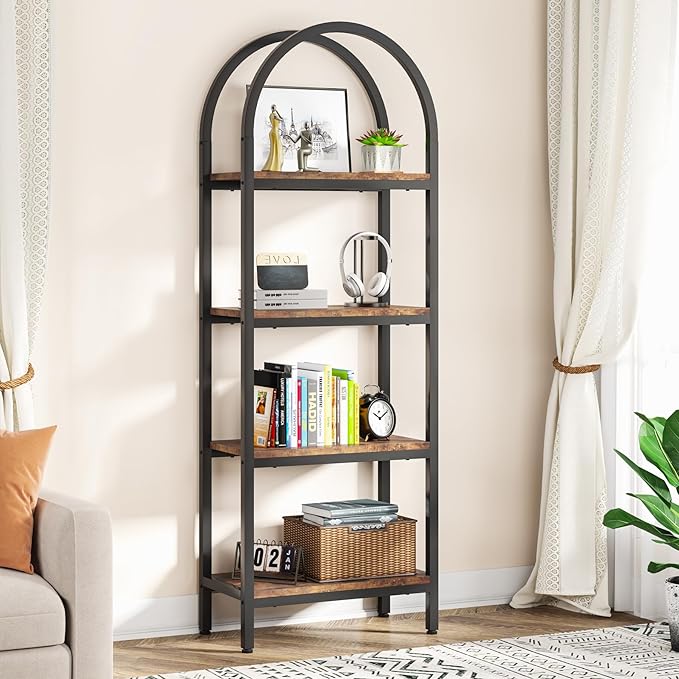 Tribesigns 4-Tier Open Bookshelf, 70.8" Industrial Arched Bookcase Storage Shelves with Metal Frame, Freestanding Display Rack Tall Shelving Unit for Office, Bedroom (Rustic Brown, 1PC)
