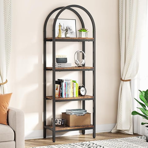 Tribesigns 4-Tier Open Bookshelf, 70.8" Industrial Arched Bookcase Storage Shelves with Metal Frame, Freestanding Display Rack Tall Shelving Unit for Office, Bedroom (Rustic Brown, 1PC)