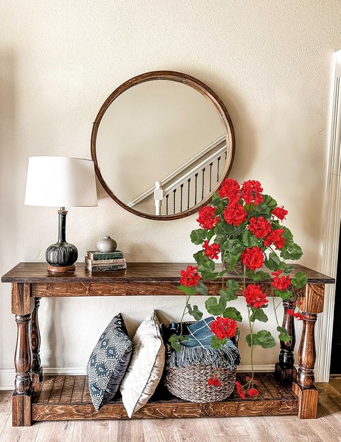 Briful Artificial Geranium Hanging Plant in Vintage Woven Basket, 29.9 Inch Trailing Faux Plant with Red Silk Flowers and Green Plastic Leaves, Realistic Indoor Outdoor Garden Shelf Decor